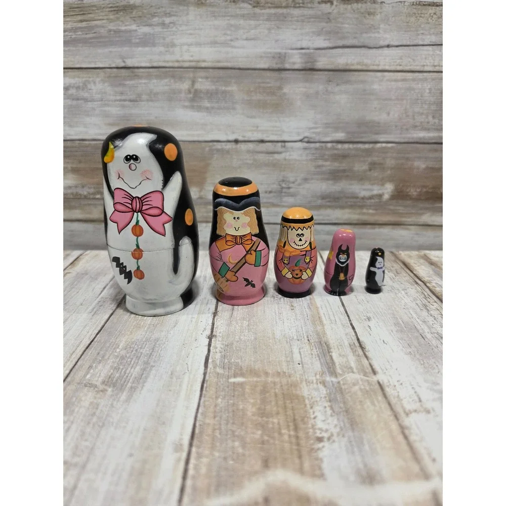 Halloween Nesting Dolls Wooden Matryoshka 5pc Set Ghost Witch Scarecrow Cat